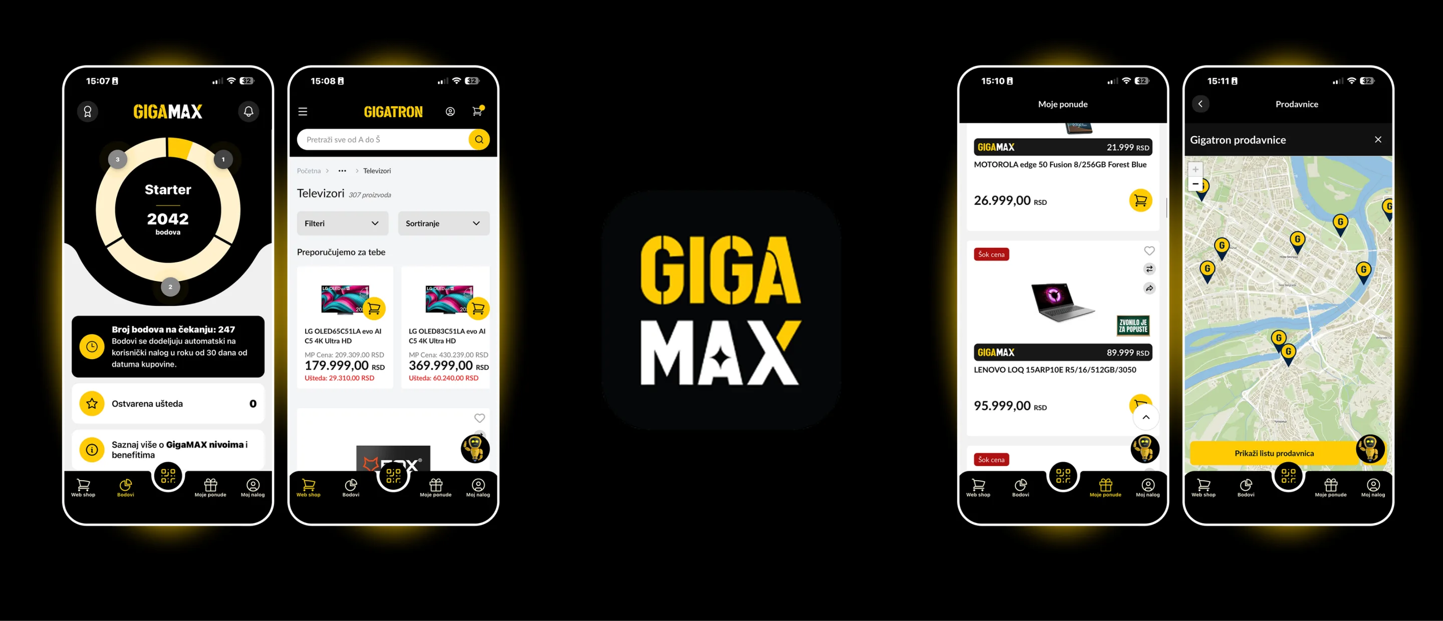 Gigatronova GigaMAX aplikacija na četiri ekrana telefona